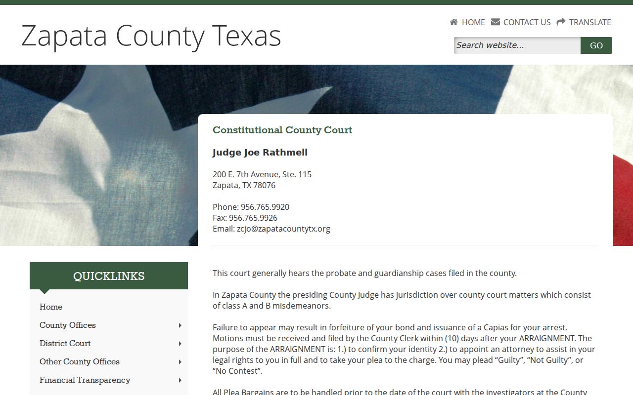 Zapata County Constitutional County Court criminal docket instructions