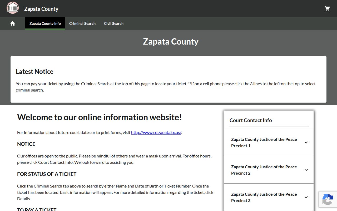 Zapata County traffic court records and Justice Court links